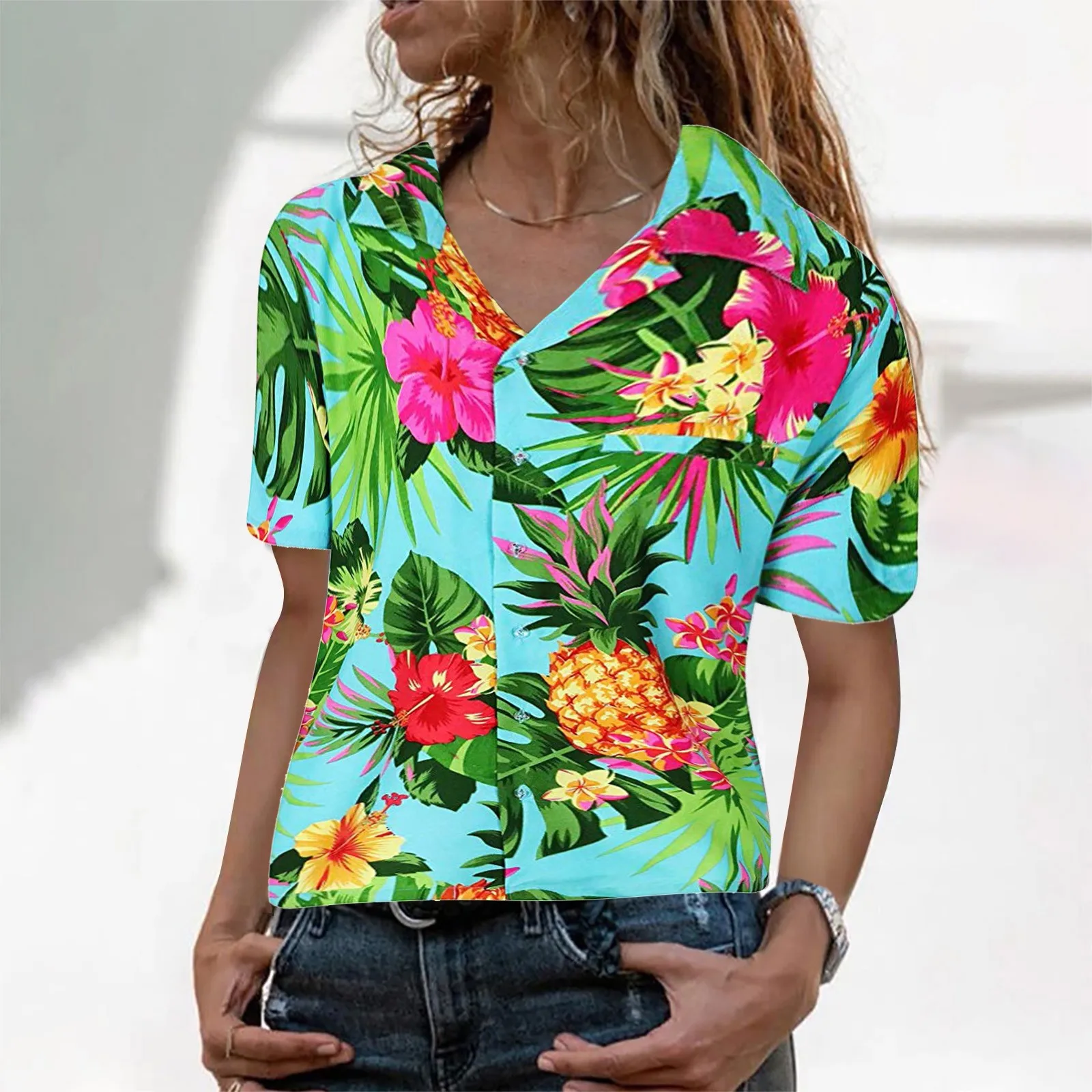 Women Hawaiian Shirts Tropical Floral Pineapple Vacation Beachwear Blouse Holiday Vacation Shirt Women's Tops And Blouses Blusas