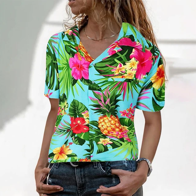 Vrouwen Hawaiian Shirts Tropische Bloemen Ananas Vacation Beachwear Blouse Vakantie Vakantie Shirt Vrouwen Tops En Blouses Blusas