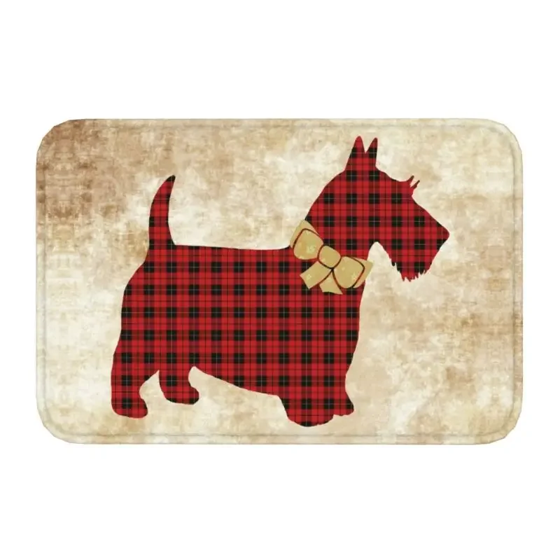 Scottie Dog Tartan Plaid Front Door Mat Anti-Slip Indoor Quick Dry Scottish Terrier Doormat Floor Bathroom Entrance Rug Carpet