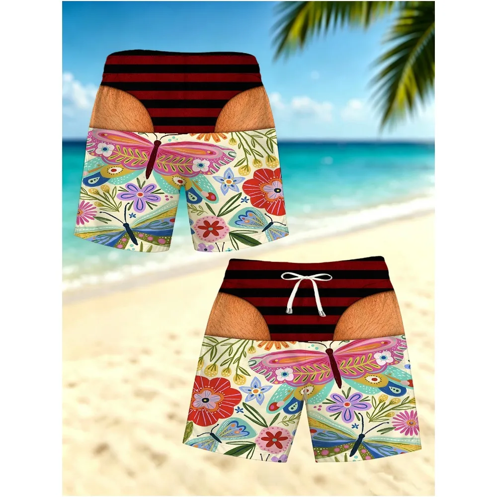 Men Quick Dry Beach Swim Shorts 3D Fake Buttocks Optical Illusion Vibrant Butterfly Floral Print Casual Vacation Boardshorts