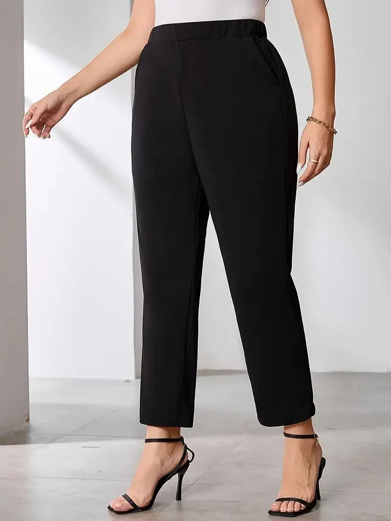 GIBSIE Plus Size Black Trousers for Women Fashion 2024 Spring Summer Elastic Waist Office Ladies Casual Pants with Pockets