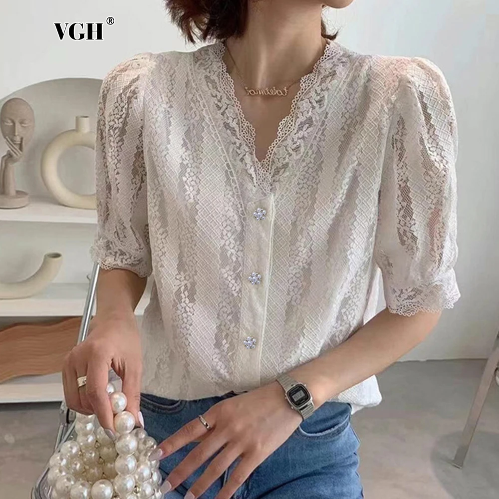 VGH 2024 Elegant Spliced Lace Shirt For Women V Neck Short Sleeves Temperament Slimming Blouses Female Korean Style Clothing New