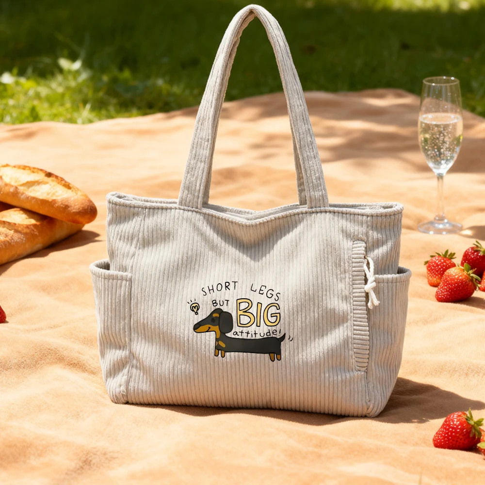 

Casual Corduroy Handbag with Zipper Closure Large Capacity Fixed Shoulder Strap Daily Commuter Handbag Women's Tote Bag