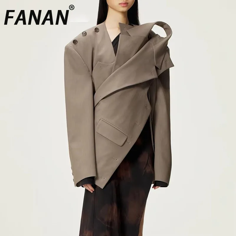 

FANAN Solid Spliced Pockets Irregular Blazers Women's Notched Collar Long Sleeve Designer Loose Blazeer Female Clothes 2025 New