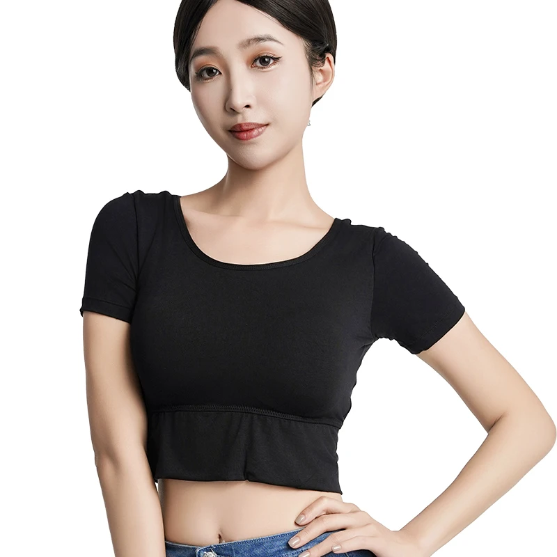 Women's Tops Clothes Sports T-Shirt High Elasticity Short Sleeve Tee Woman Crewneck Slim Fit Built In Bra Solid Backless TShirts