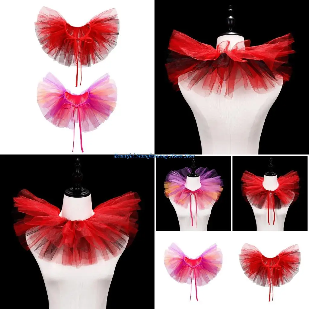 E56A Decorative Clown Cosplay Choker Victorian Layered Colorful Mesh Faux Collar Shawl with Adjustable Ribbon Tulle Neck Ruff