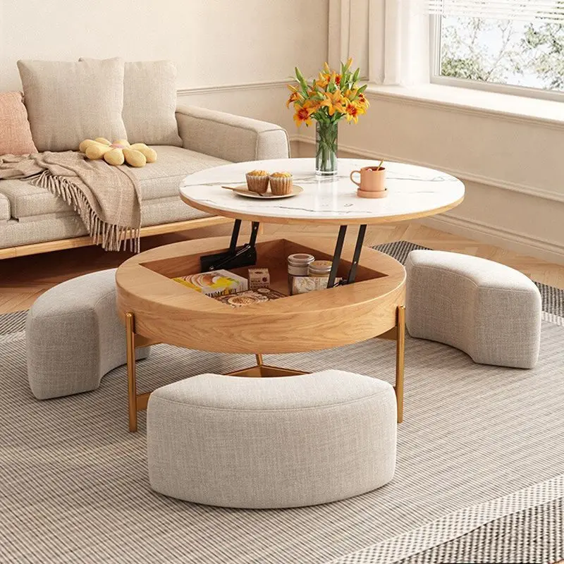 

Modern simple living room household round storage tea table Japanese rock slab lifting coffee table TV cabinet group
