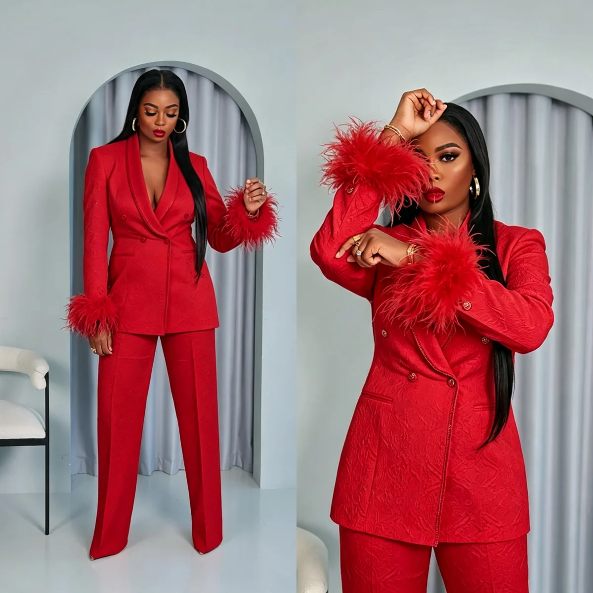 Elegant Women Jacket Sets Feather Double Breasted Shawl Lapel Ceremony Birthday Party Wear 2 Pieces Jacket Pants Customized