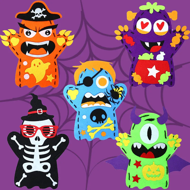 3 Stuks Kinderen Diy Cartoon Handpop Knutselen Speelgoed Niet-Geweven Naaiset Kids Storytelling Pop Educatief Speelgoed Halloween Baby Cadeau