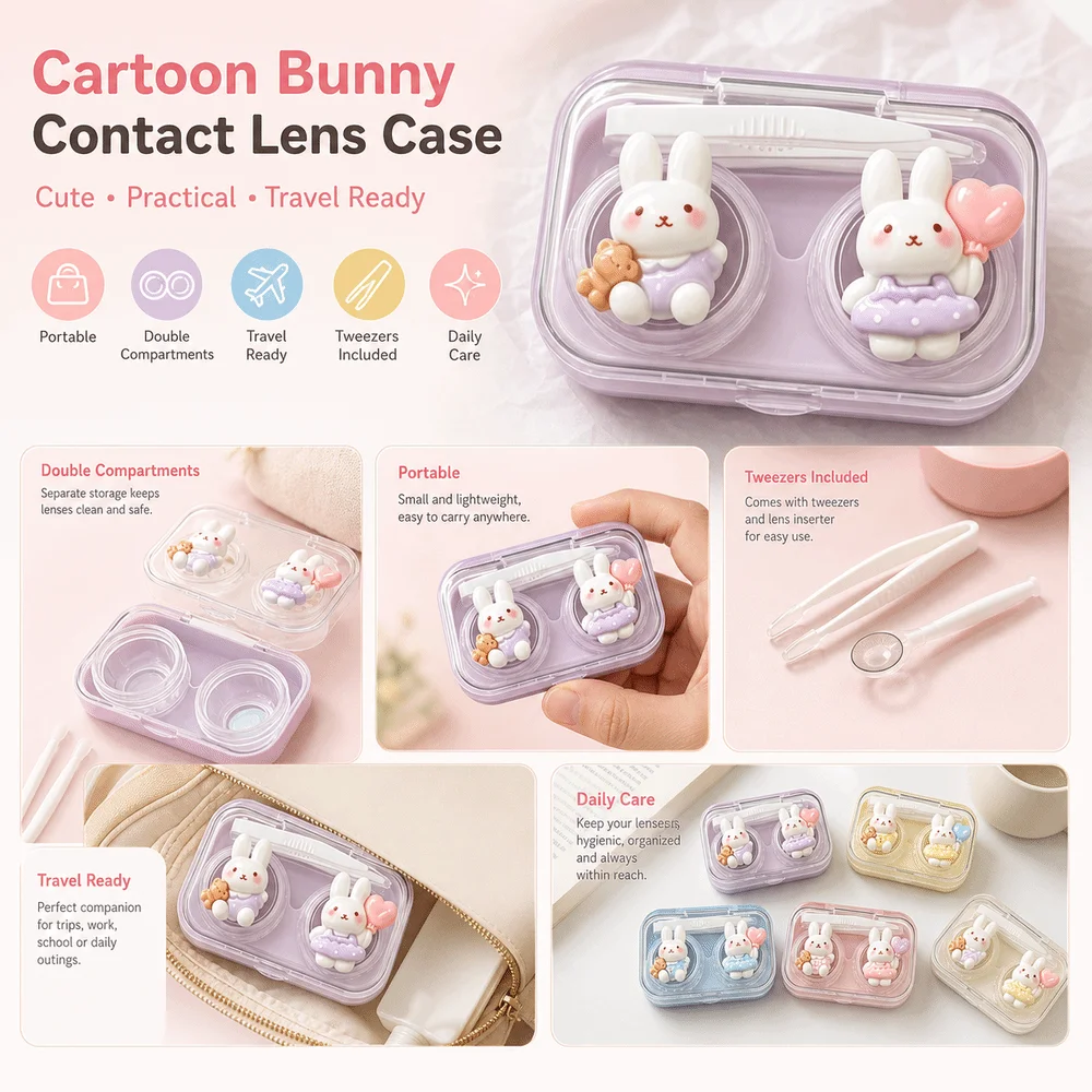 Cartoon Bunny Contact Lens Case Wearing Tool Included Portable Contact Lens Box Double Compartment Lenses Soak Container