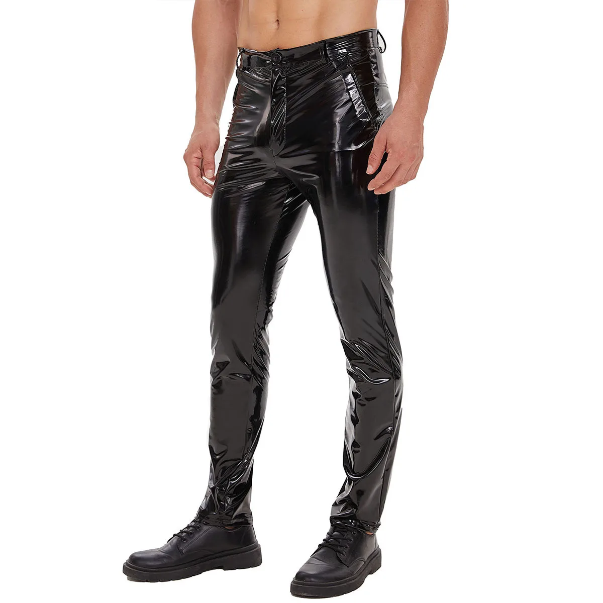 Men's Casual Stylish Straight Motorcycle Biker Punk Style Long Trousers Black Tight Shiny PU Leather Slim Fit Pants with Zipper