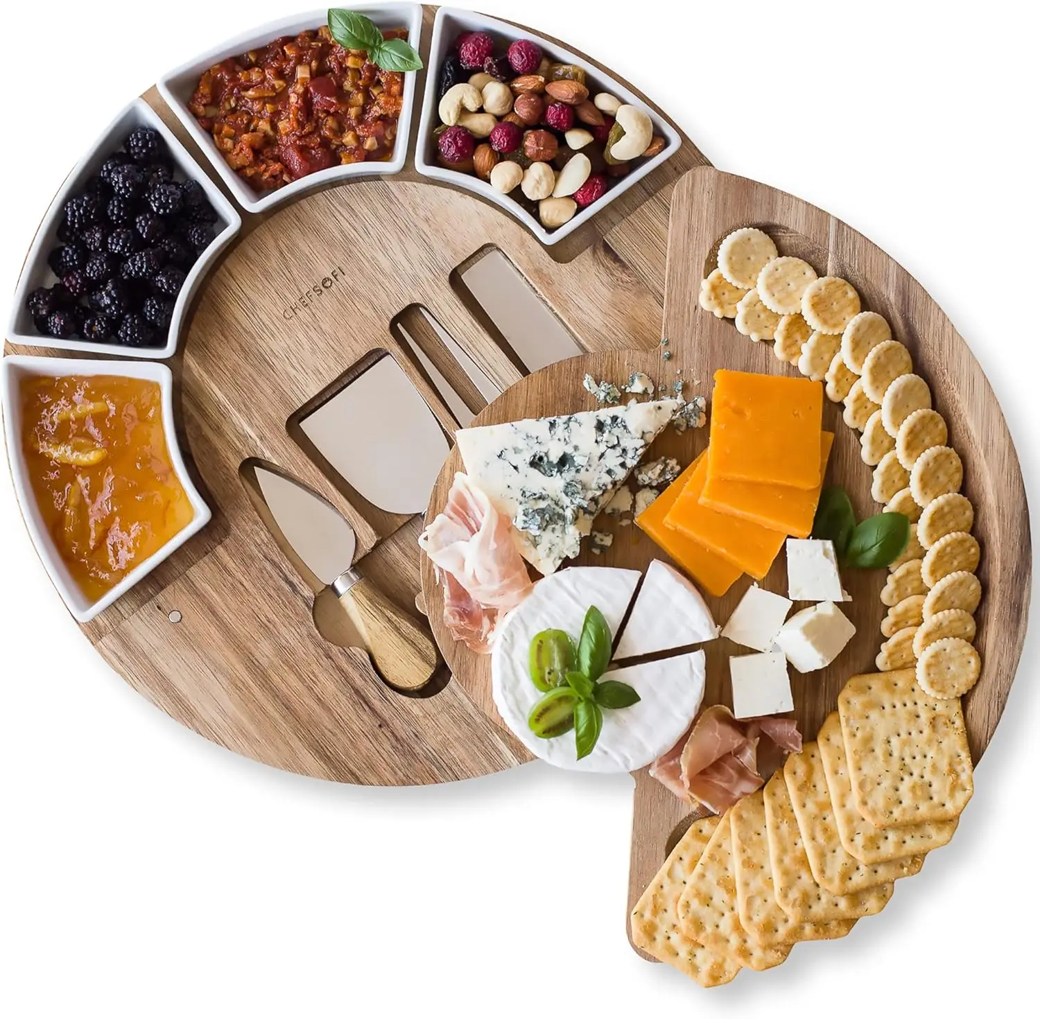 

13 Inch Acacia Wood Charcuterie Board Set with 4 Knives and 4 Bowls for Serving Cheese and Meats