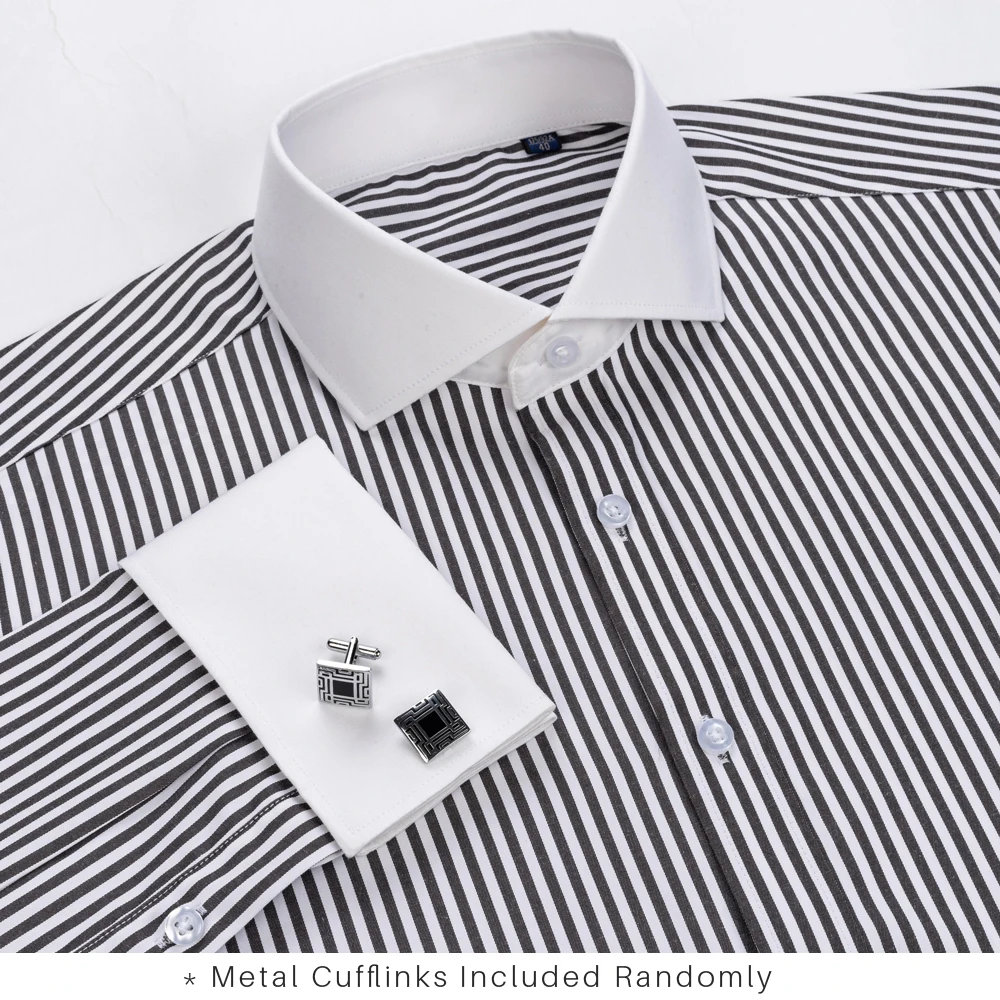 Windsor Collar Striped French Cuff Shirts Mens Long Sleeve Formal Business Party Wedding Slim Fit Tuxedo Cufflinks Dress Shirt