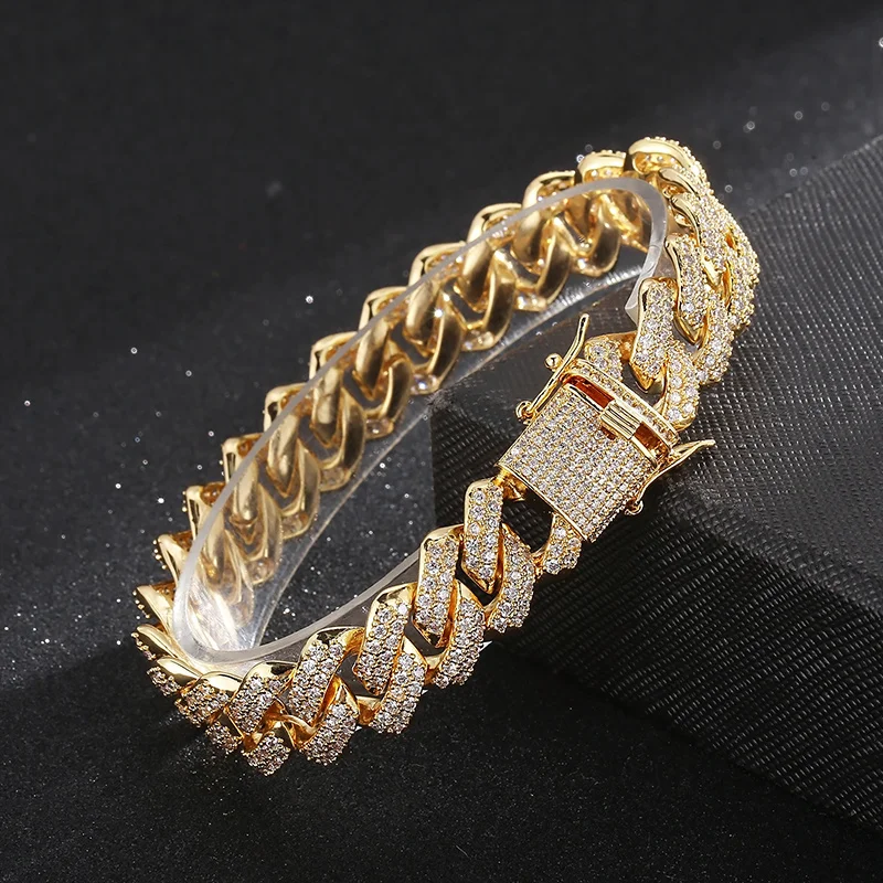 

Fongten Luxury Iced Out Cuabn Chain Bracelets For Men Women Gold Color Copper Studded Rhinestone Bracelets Hip Hap Jewelry