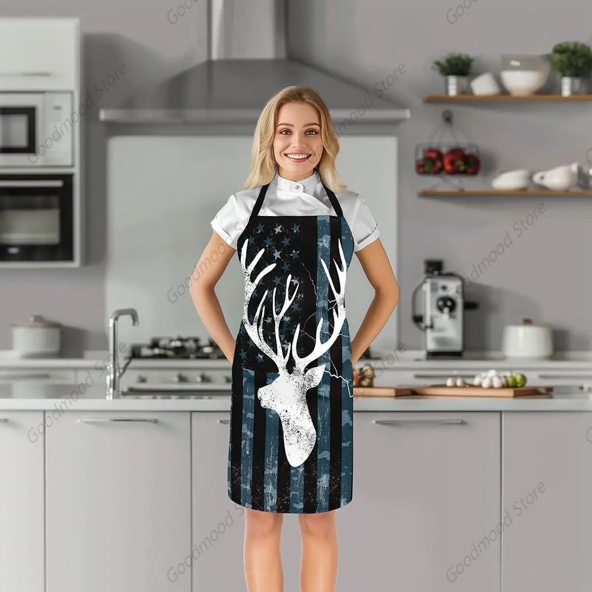 Deer Antler Rustic Animal Hunting Apron for Gardening Baking Painting,Blue Camouflage USA Flag Lightning Print Kitchen Apron