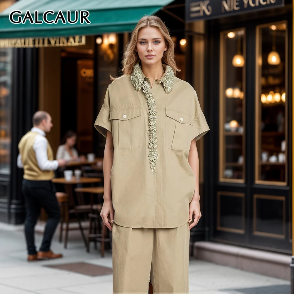 

GALCAUR Patchwork Peal Blouse For Women Lapel Short Sleeve Spliced Pockets Loose Folds Fashion Shirt Female Summer Clothing 2024