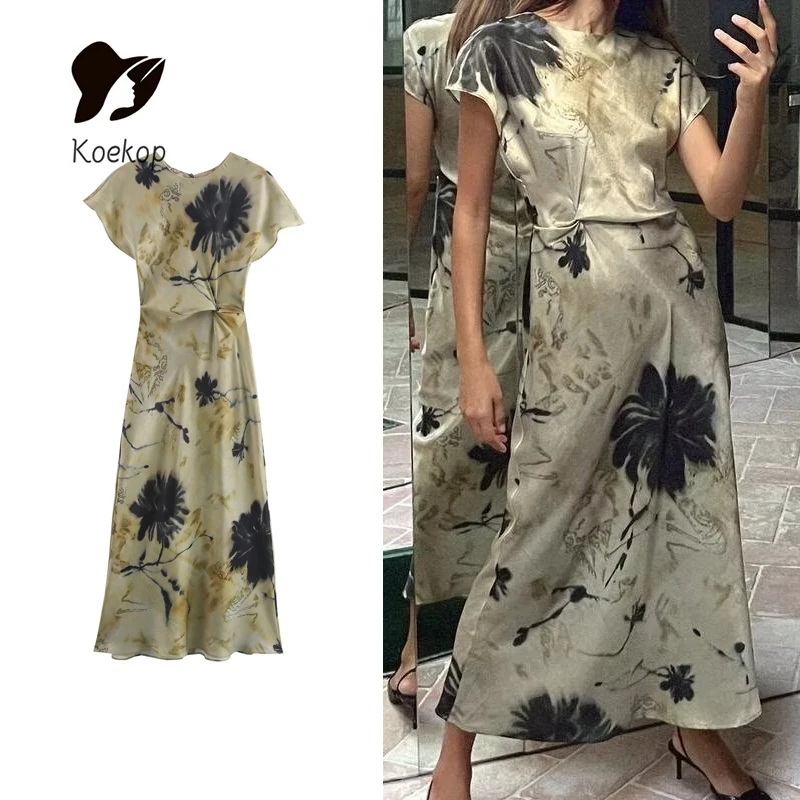 Koekop Women's Fashion Satin Texture Shirt Style Dresses Vintage Sleeveless Printed Women's Chic Lady Dresses