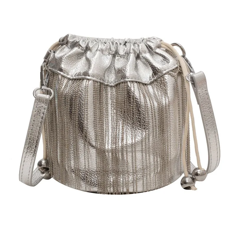 Bucket Bag Retro Tassel Solid Color PU Leather Texture Drawstring Shoulder Bag NEW Shopping Square Satchel Bags All-match Bolsa