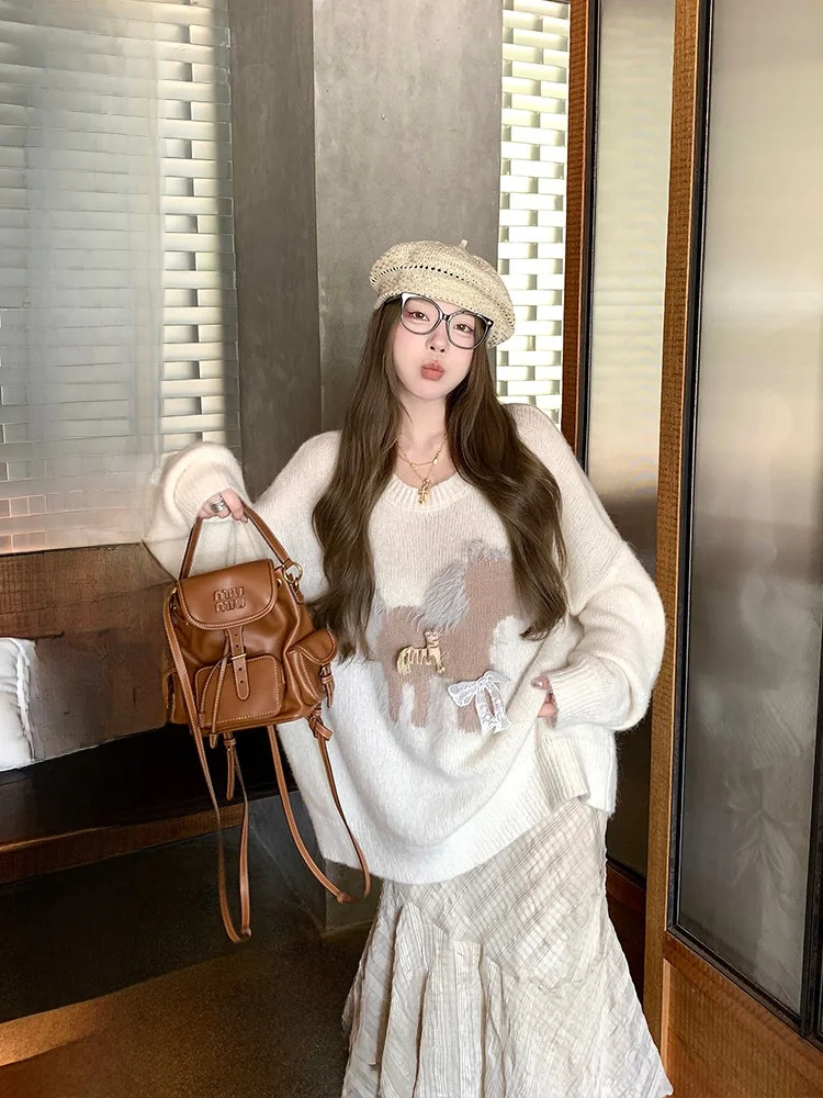 

LUU White Wool round Ne Knitted Sweater Women's Spring Autumn Loose Fit Outerwear Comfortable Breathable Embroidered Design