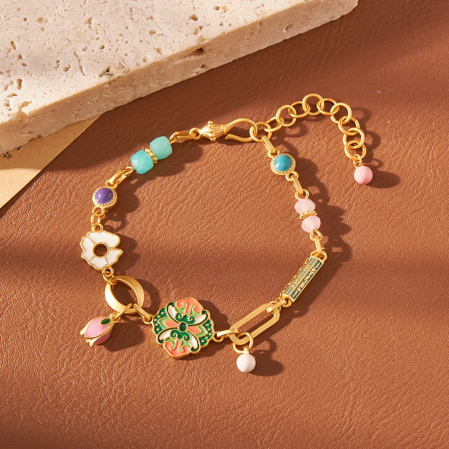 Vintage Fresh Color Enamel Tulip Amazonite Bracelet Delicate Niche Elegant Women Fashion Wrist Jewelry