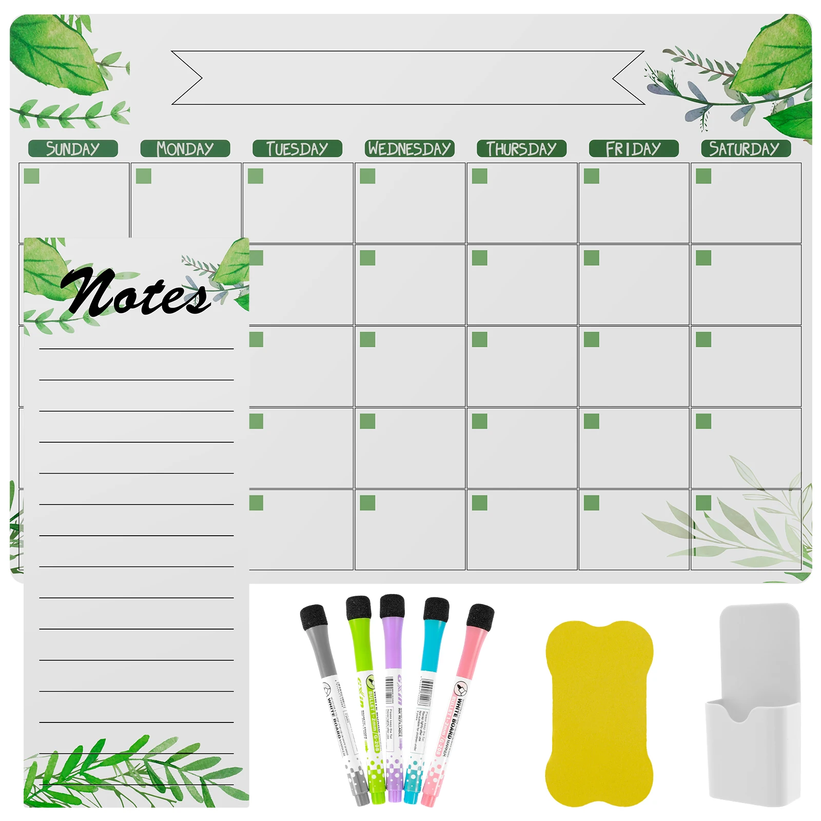 2Pcs Fridge Magnetic Calendar Reusable Magnetic Planning White Board Magnetic Meal Planner with 5 Markers Eraser Pen Holder