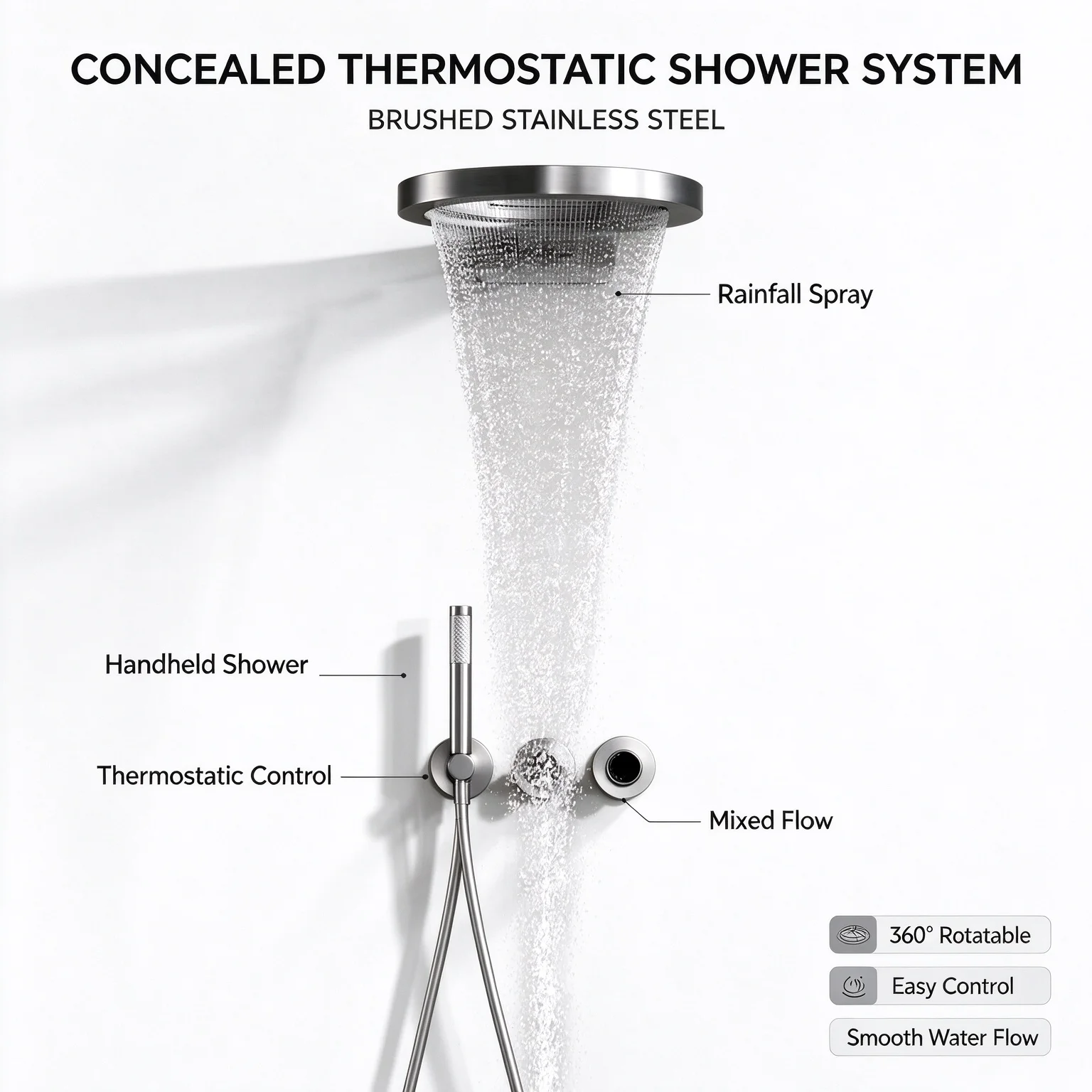 Modern Premium Wall Mount Concealed Rainfall Shower System, Stainless Steel Round Double Handle Shower Faucet Set for Home Hotel