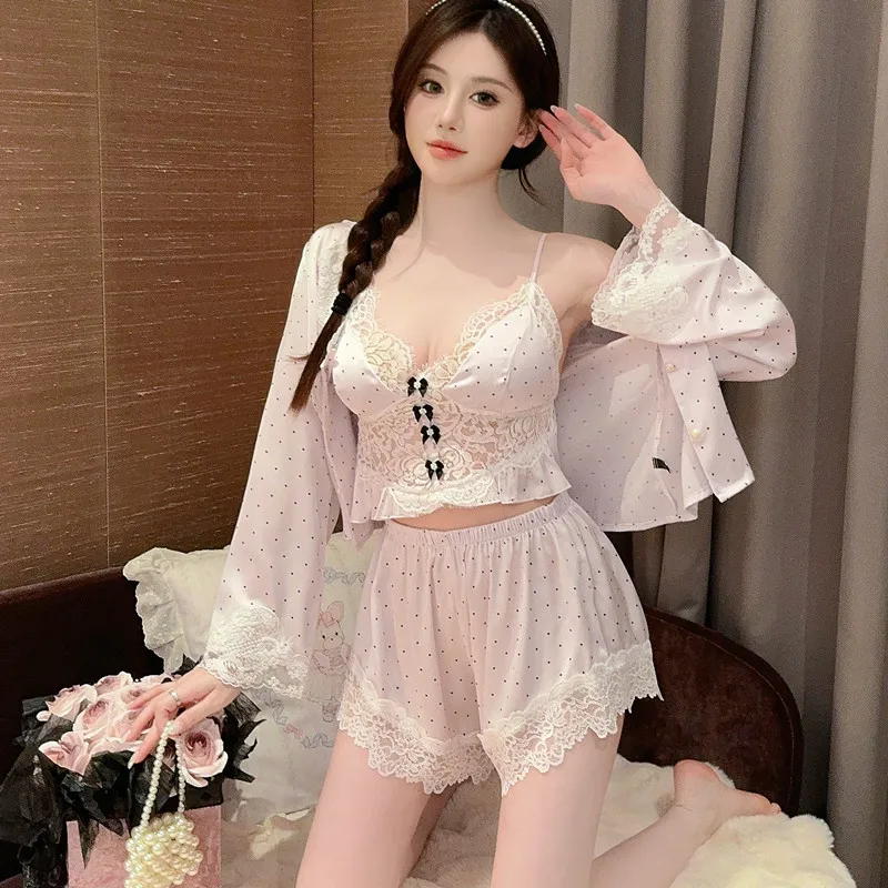 

Sexy 4PCS Pajamas Suit Autumn New Sleep Set Intimate Lingerie Casual Nightwear Home Clothing Pink Satin Lace Pyjamas