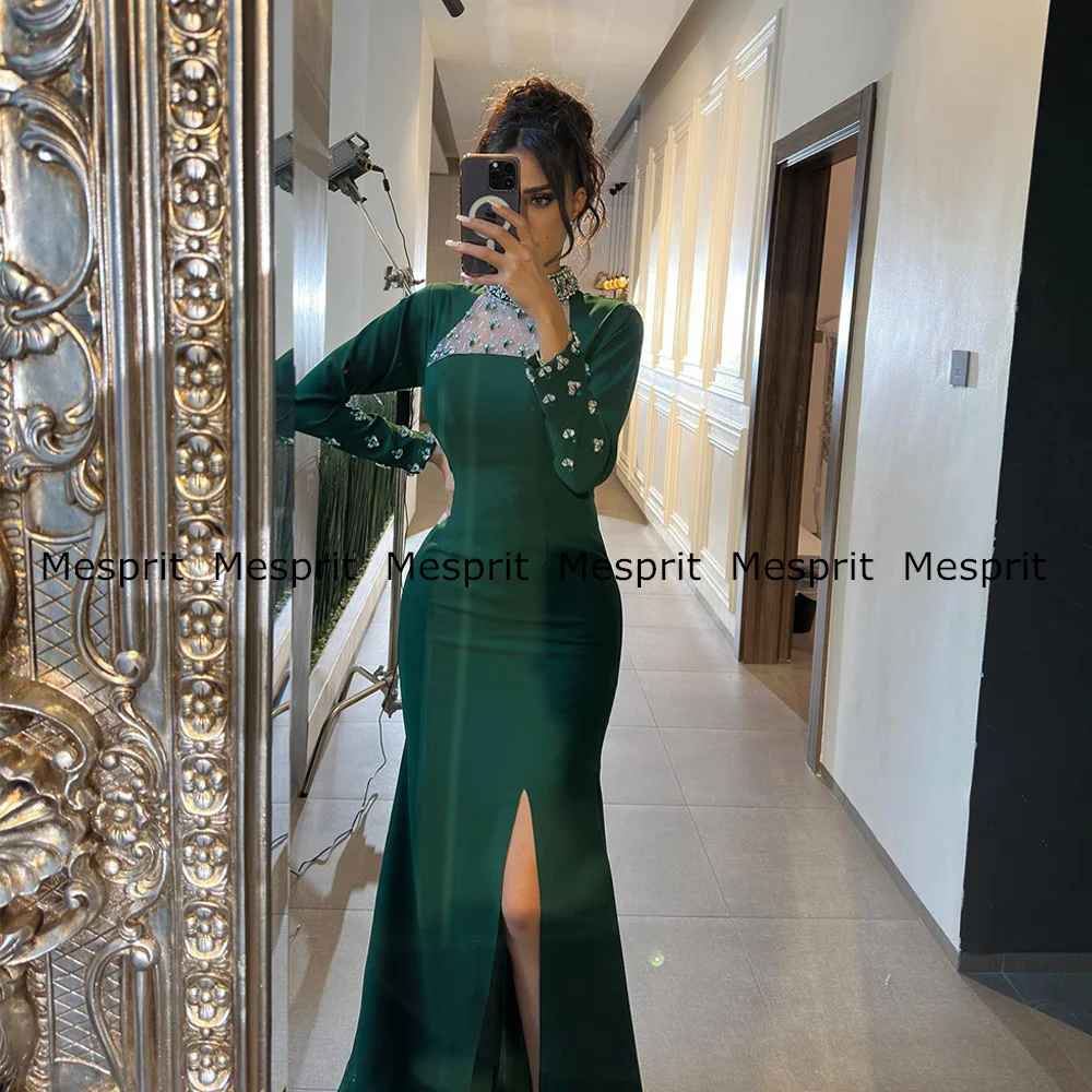 Chic Arabian Evening Dress High Neck Beading Crystals Long Sleeves Slit Green Mermaid Prom Gown Wedding Party Dresses