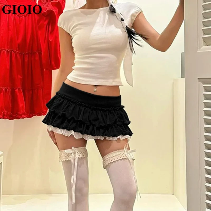 GIOIO Summer new sweet style pure pleated lotus leaf lace contrast-color low waist mini skirt for women