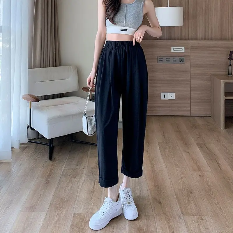 

Черные женские брюки с прямыми штанинами и эластичной резинкой на талии, однотонные шикарные и элегантные женские брюки Y2k, уличная одежда, повседневные хлопковые тенденции 2025 г