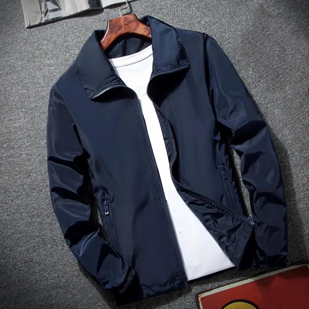 

Men Outdoor Windbreaker Lapel Long Sleeve Jacket Pockets Zipper Placket Spring Autumn Coat