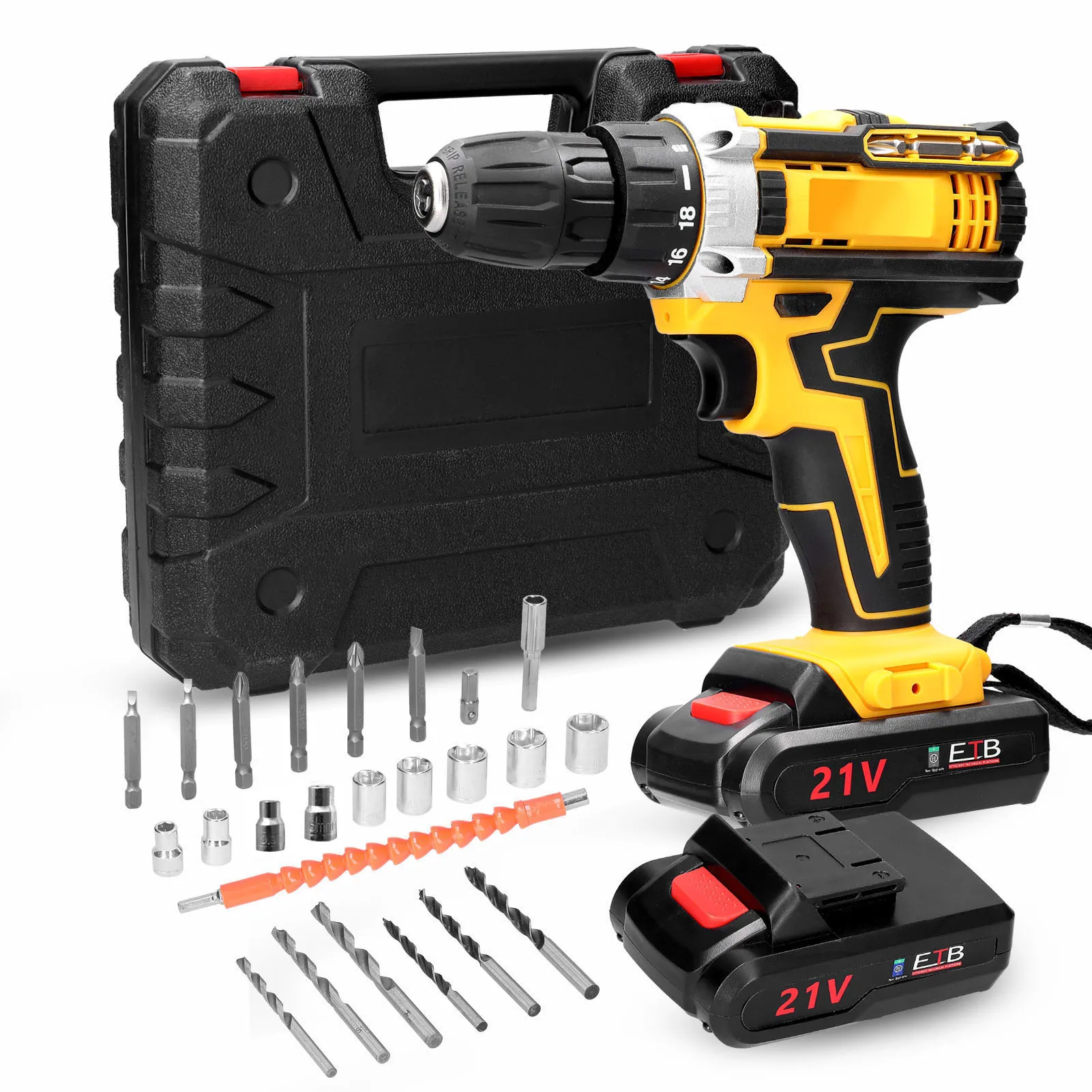 21V Cordless Electric Drill Brush Motor 2 Speeds Adjustment 18 Gears of Torque Adjustable Holes Drilling Machine