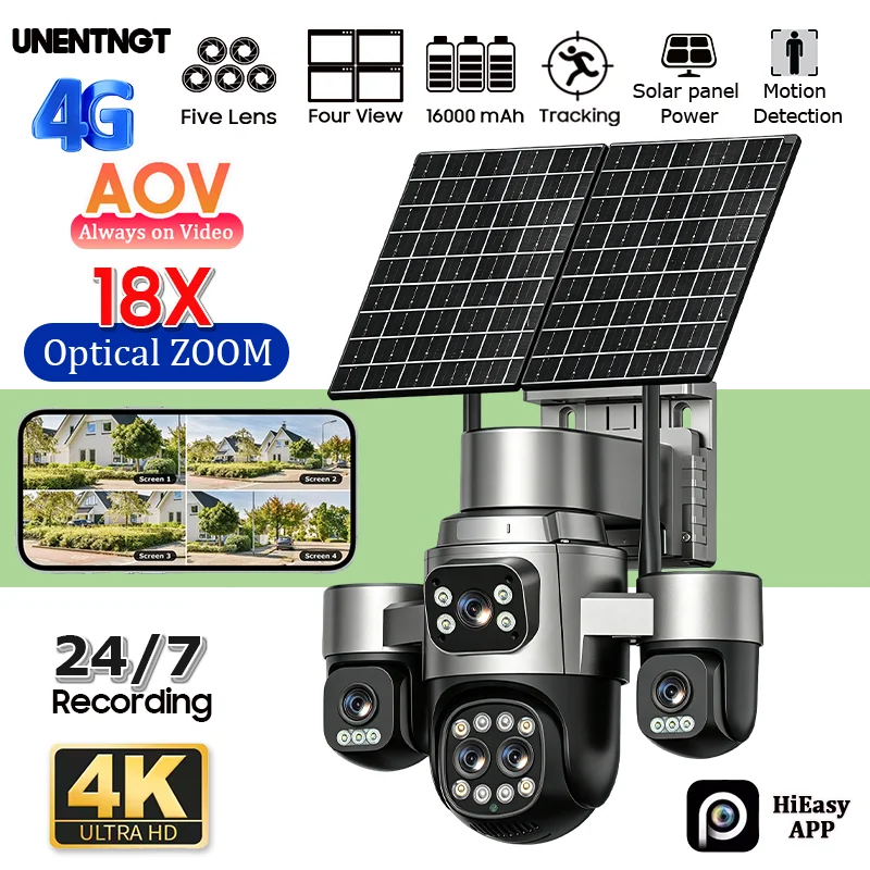 AOV 4G SIM/eSIM Solar Camara 5 Lens 4 Screens 20MP 18X ZOOM Outdoor Surveillance 360° Auto Tracking Security Protection 24-Hours