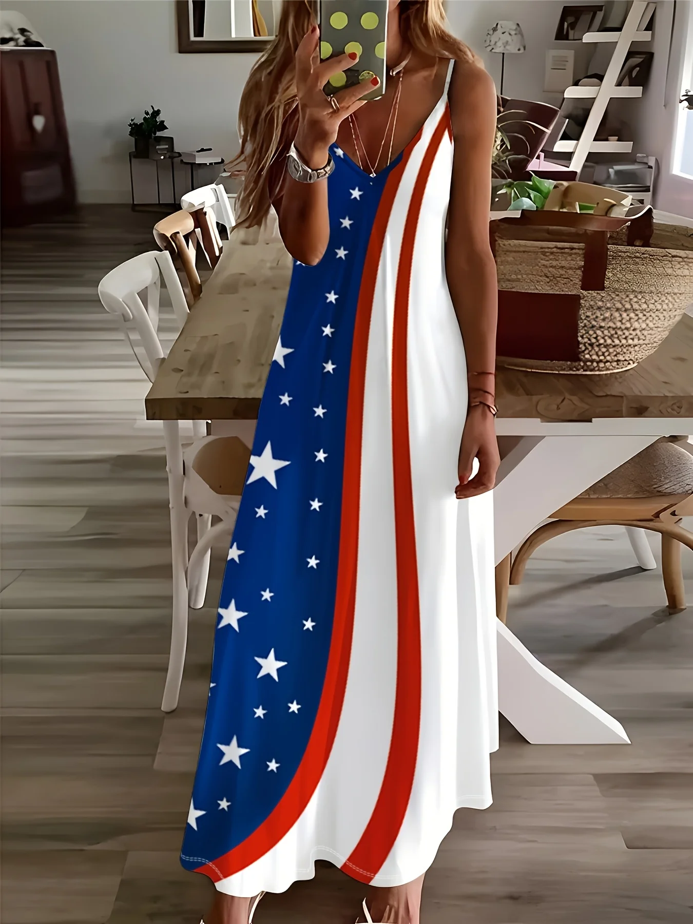 Women Long Sleeve Casual Dress with American Flag Stars Pattern Vacation Style V Neck A Line Dress for Spring Autumn