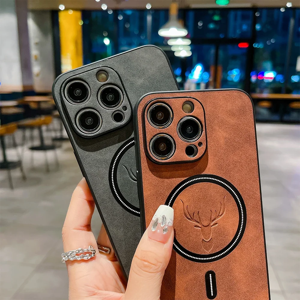 Magnetic Leather Case for iPhone 16 15 14 13 12 11 Pro Max Plus Cover Chagre for Magsafe 3D Deer All-round Camera Shell Fundas