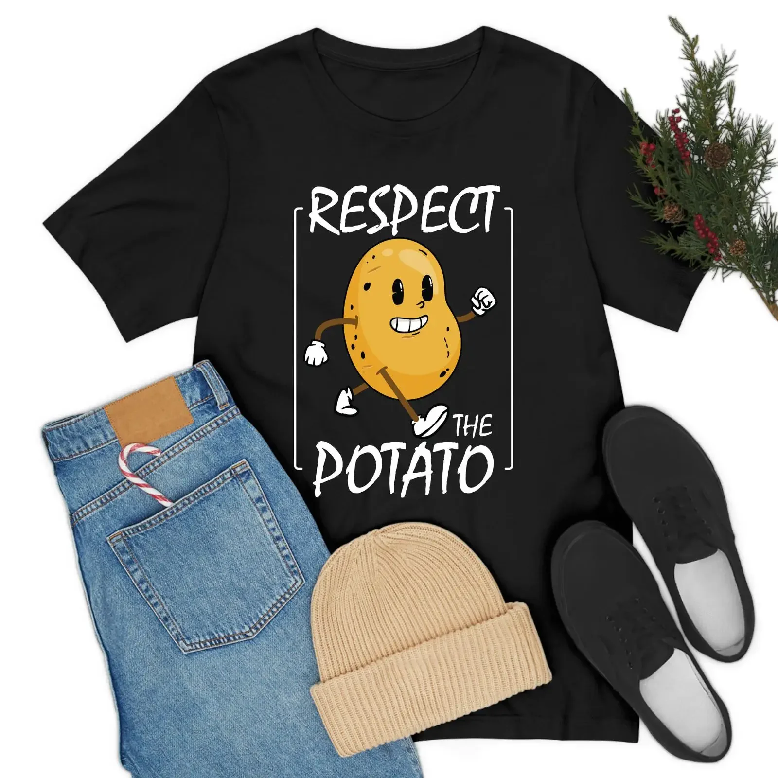 Funny Respect The Potato Men Cute Root Vegetable Lovers Vegan T Shirt For Women vintage Washed Stretched Top For Everyday Wear
