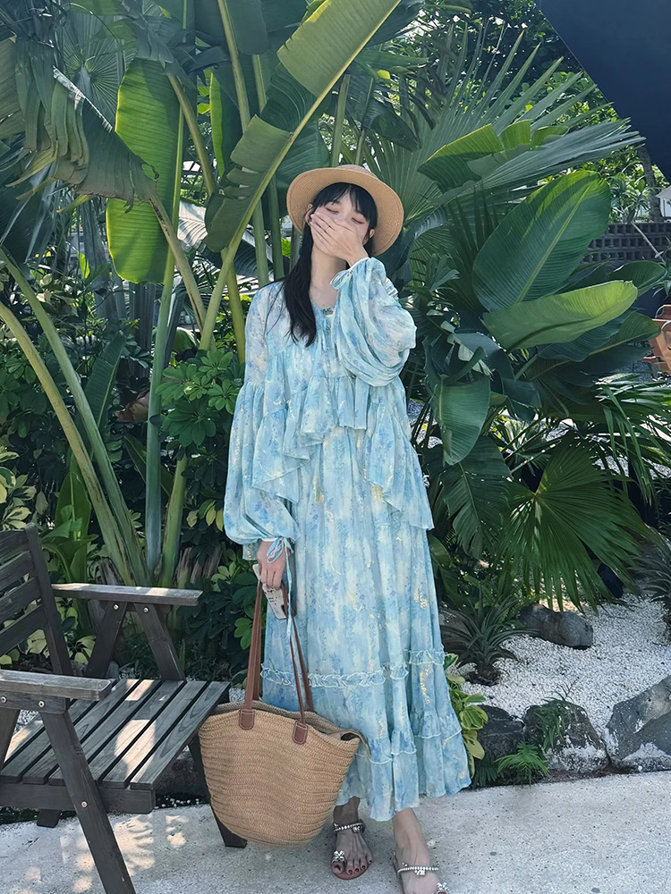 

New Chinese Sle Fairy Gold Print Loose Lantern Sve irt Long Skirt Two Piece Set Early Autumn 2025 New Ele Women's ...