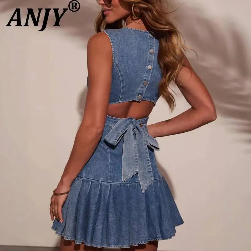 

ANJY Summer New Women Fashion Sexy Sleeveless Pleated Design Waist-Cinching Buttons Lace-Up Denim Dress Trend Stylish Ins A22963