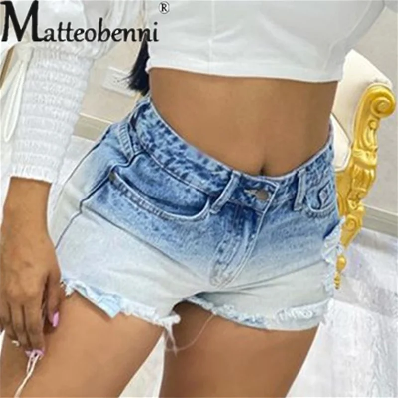 Zomer Licht Blauw Kleurverloop Denim Shorts Mode Vrouwen Dagelijks Casual Streetwear Gebroken Gat Mid-Taille Drie-Kwart broek Vrouwelijke