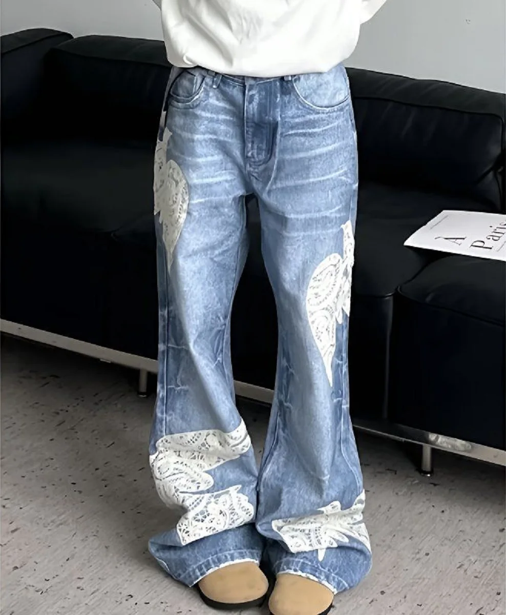 

American Retro Lace Printed Design Jeans Women Spring Autumn New Niche Design Loose Drop Straight Wide-Leg Trousers