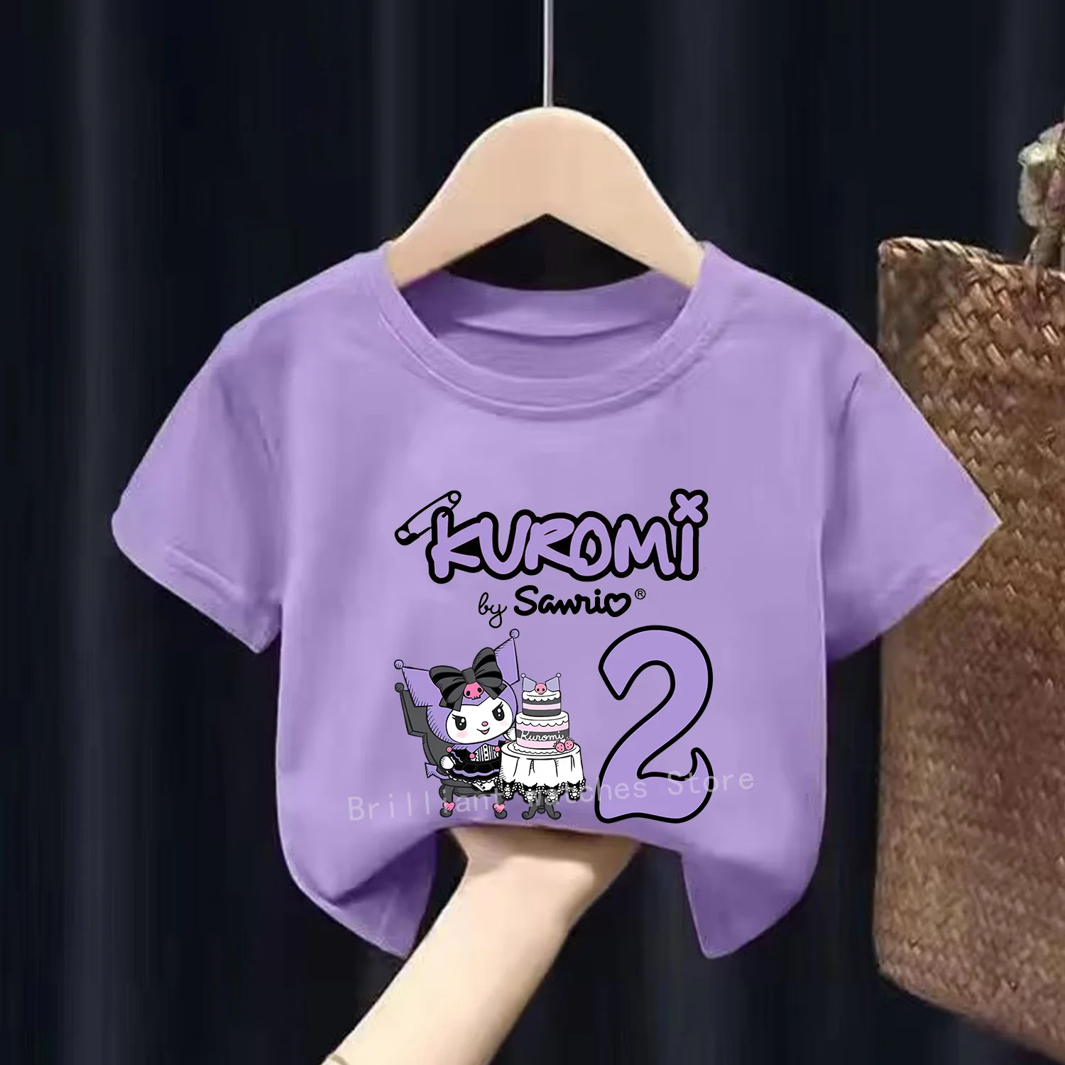 Kuromi T-shirt for Children New Sanrio Birthday Numbers T-shirt Cute Cartoon Purple Short Sleeve Girls Loose Clothing Kids Gift