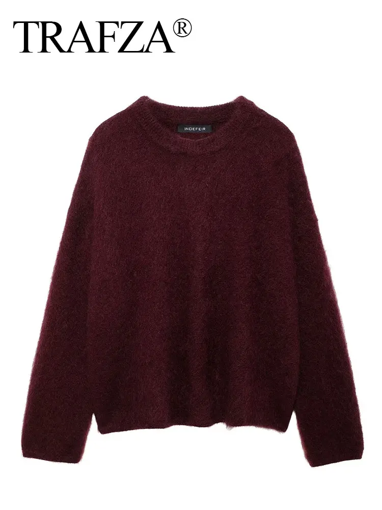 TRAFZA Women Vintage Wine Red Sweater O Neck Long Sleeve Knitted Pullover Top 2024 Fashion Autumn Female Casual Loose Sweatshirt