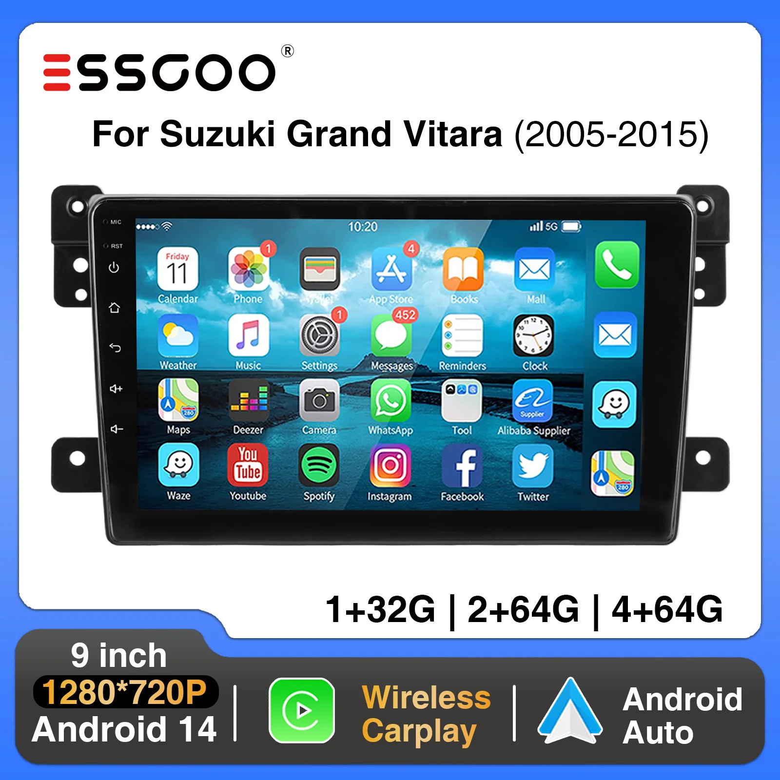 

ESSGOO 9" For Suzuki Grand Vitara 2005-2015 Carplay Android Auto Car Stereo Multimedia Player Radio Android 14 GPS Wifi FM BT