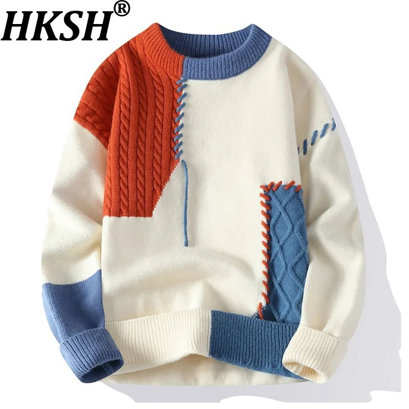 

HKSH Autumn Winter New Women Men Sweater Knitted Asymmetric Color Block O-neck Fashion Trend Casual Retro Oversized Tops HK16977