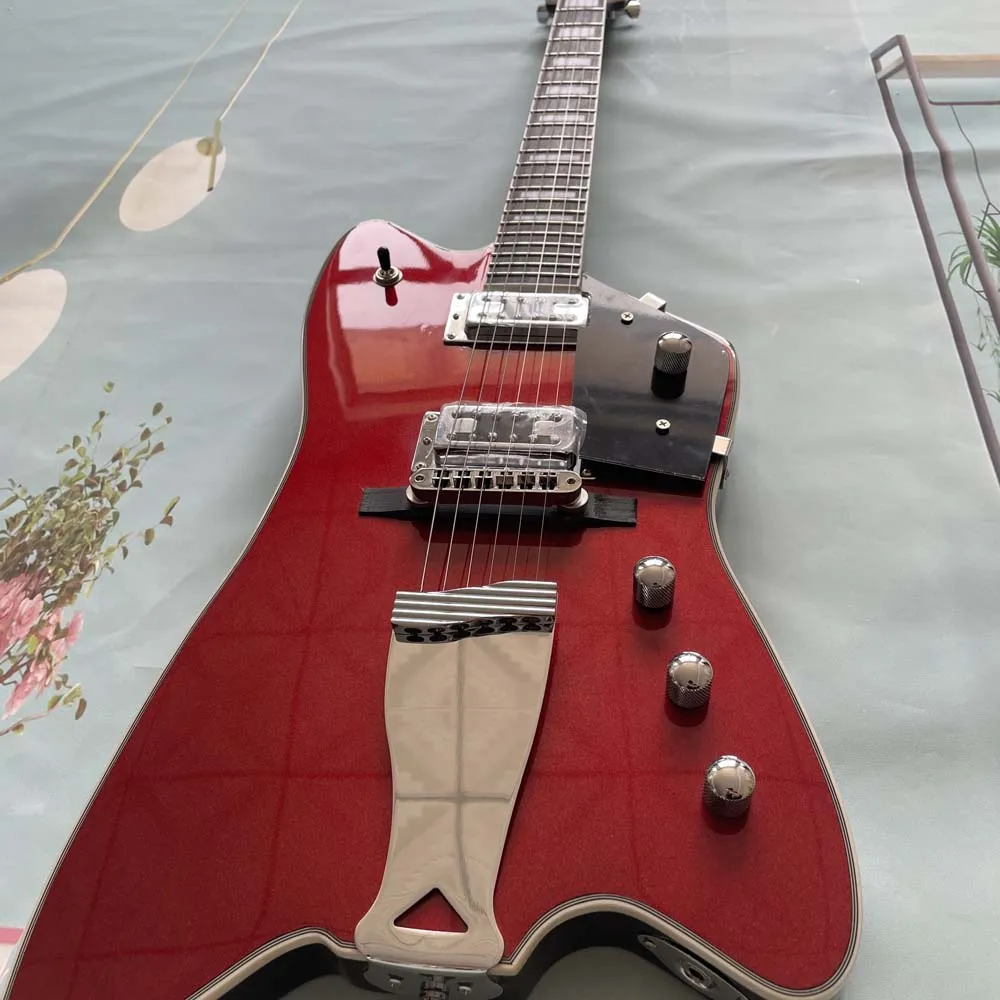 Wine red irregularly shaped electric guitar, dual pickups, glossy finish, rock metal