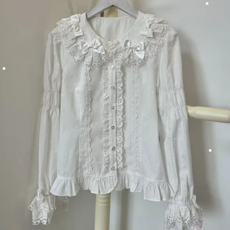 Lolita Retro Originele Veelzijdige Boog Kant Peter Pan Kraag Lange/Korte Mouw Lotus Knoop Shirt Leuke Meisjes Nieuwe Blouse Womens tops