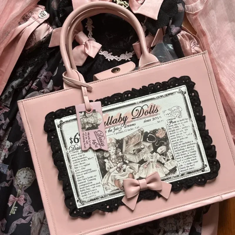 Sacs à main vintage rose doux pour femmes, sac à bandoulière classique Lolita Bow, sac fourre-tout en PU pour adolescentes, Harajuku, grande capacité