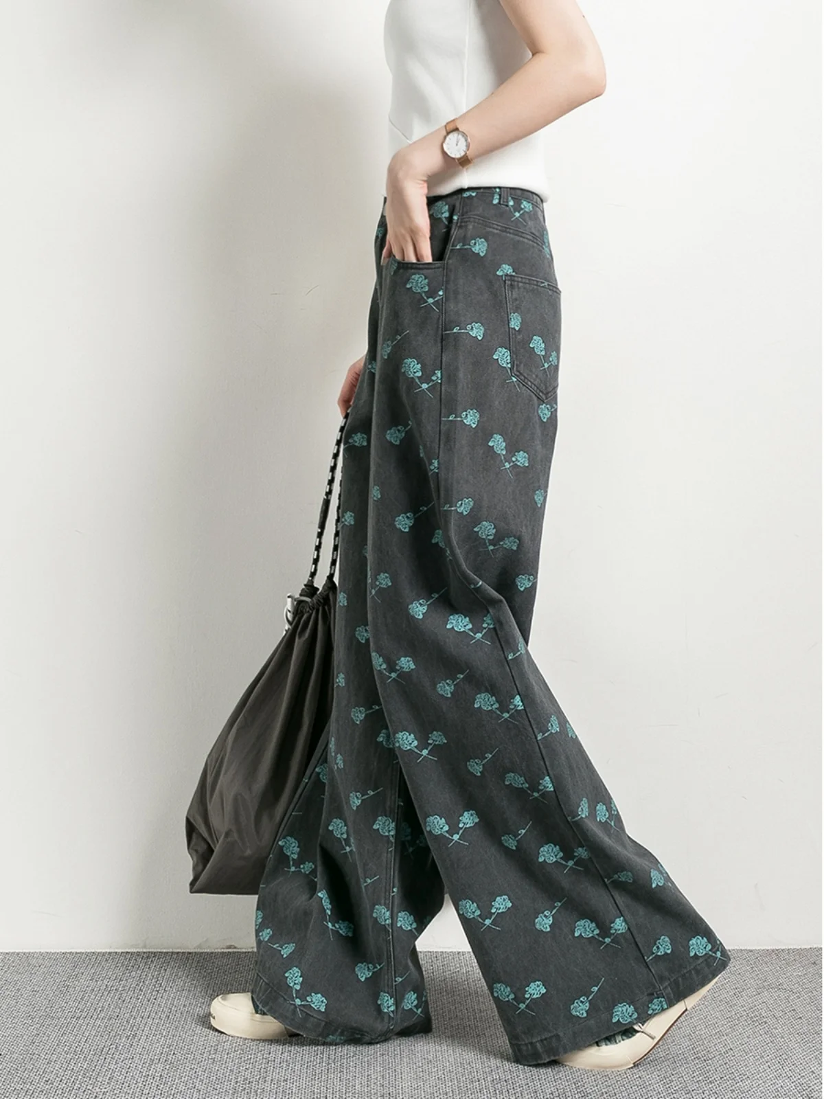 

Джинсы женские Tide PA с высокой талией, широкими штанинами, темно-серые, длиной в пол, весенне-осенние, из высококачественного хлопкового смесового материала, на молнии