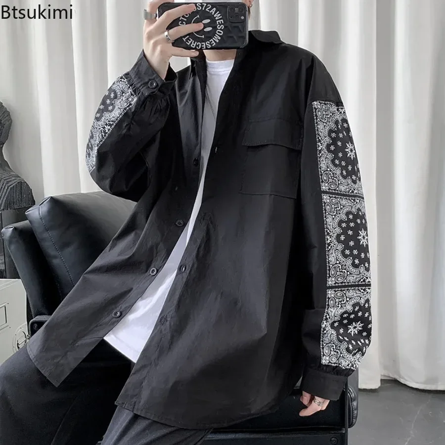 2025 Men's Fashion Patchwork Print Shirts Long Sleeve Lapel Collar Casual Shirt Coats High Grade Couple Shirt Jackets Streetwear