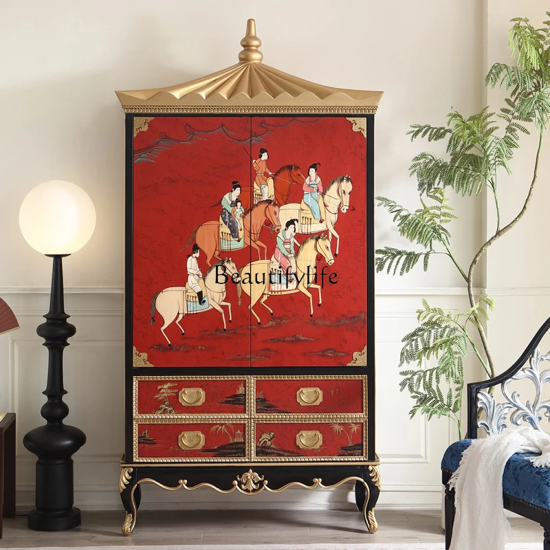 *New Chinese hand-painted villa solid wood double door high-footed display cabinet living room